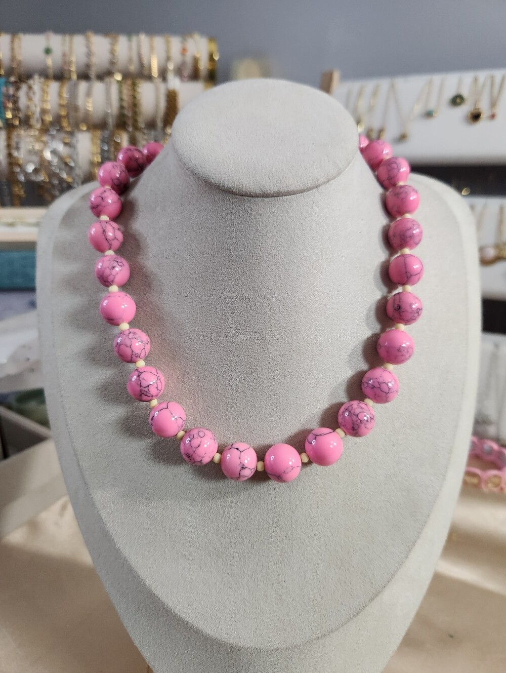 Handmade Chunky  Pink Howlite Beaded Necklace